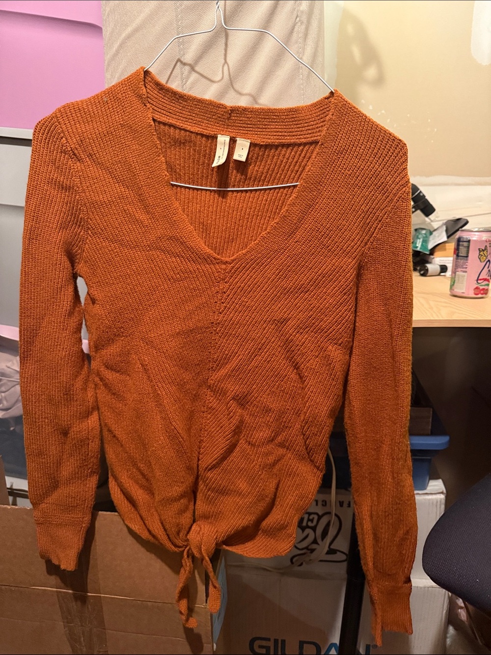 Moth Anthropologie Rust Orange/Brown  V-Neck Knit Tie-Front Sweater- small